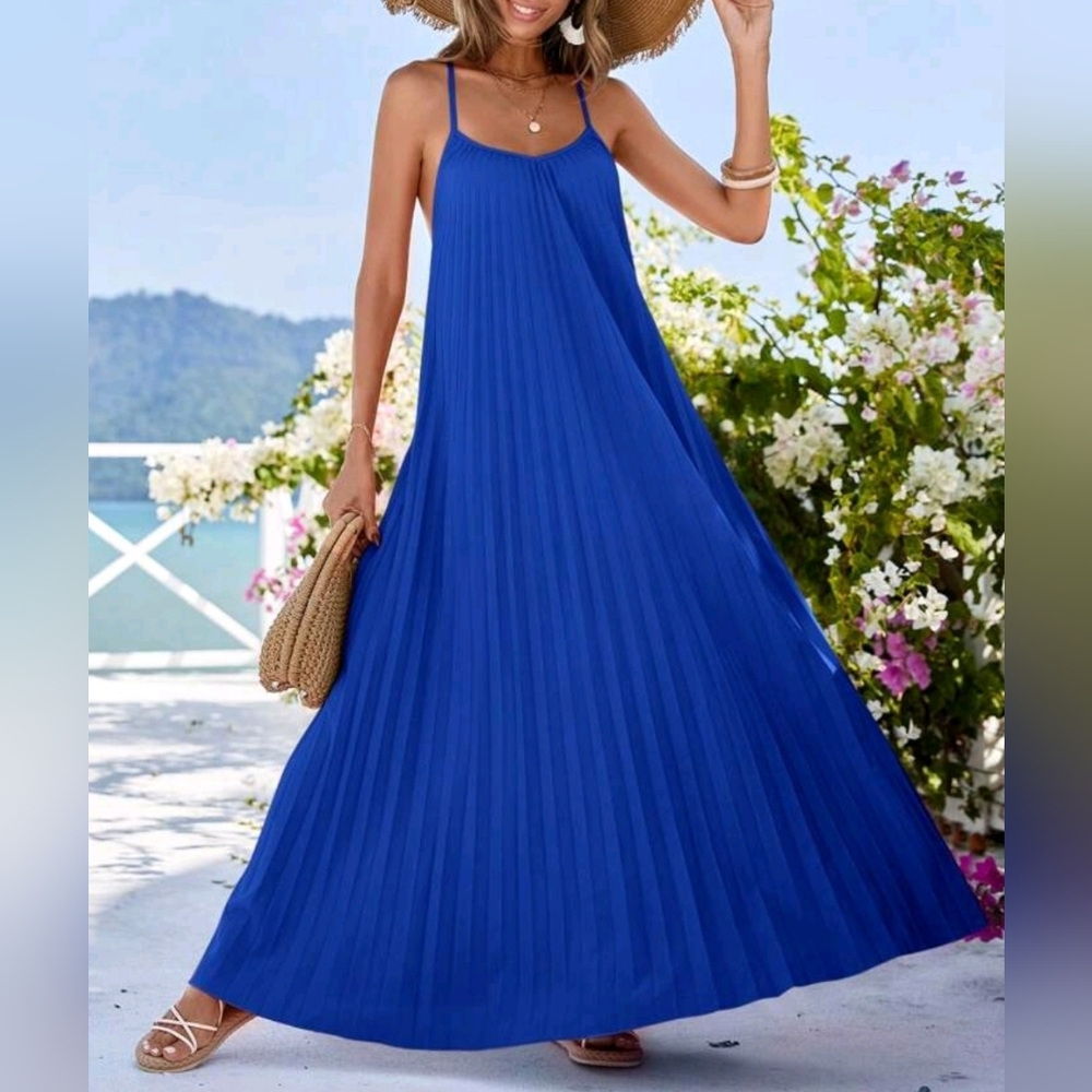 * New Flowy Pleated Maxi Halter Cami Dress Royal Blue - Picture 5 of 9